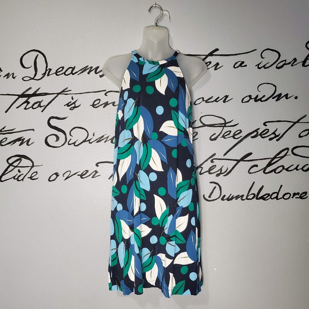 Ann Taylor Blue & Green Leaf Floral Print Swing Trapeze Halter Dress, 0